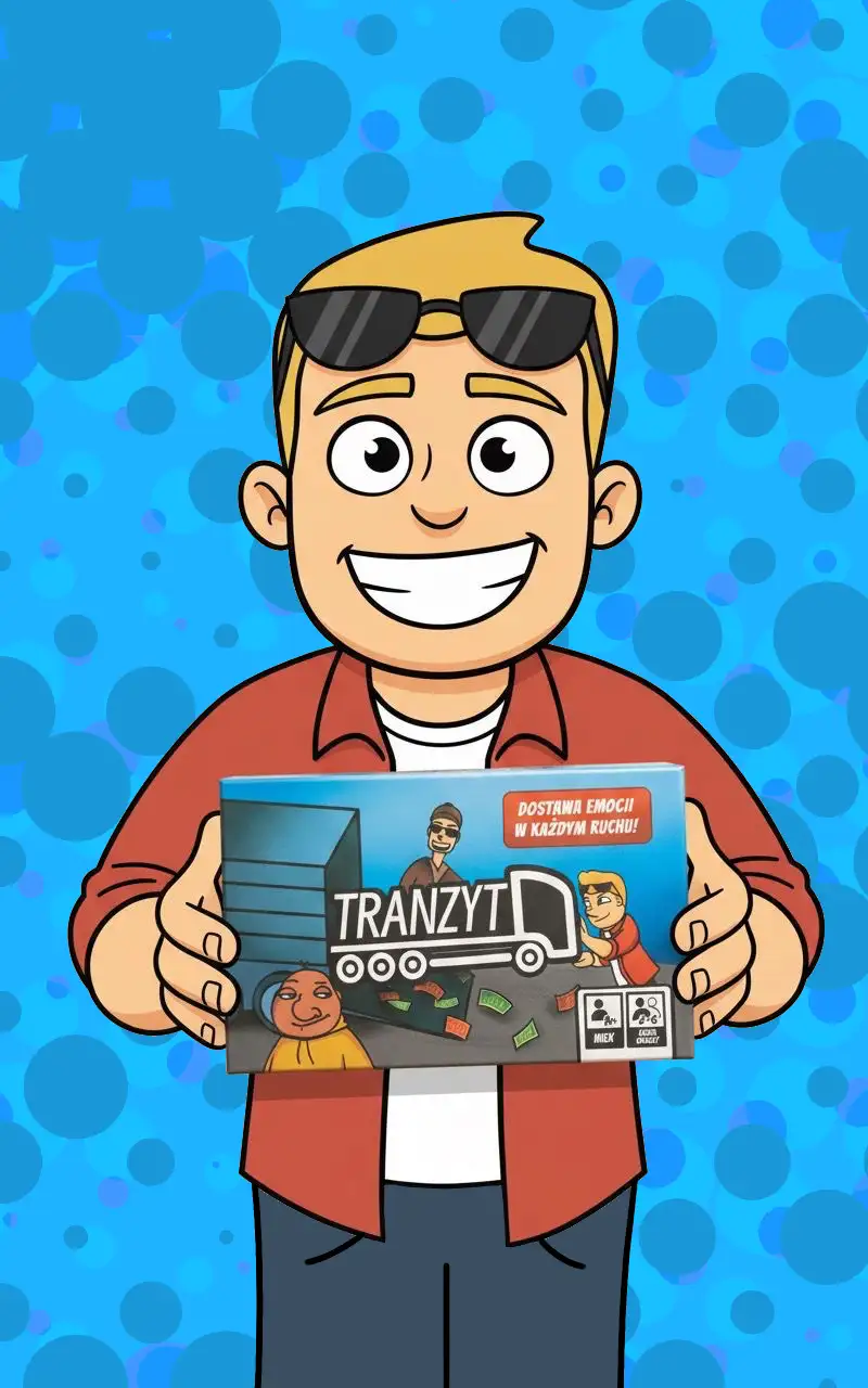 Ilustracja bohatera gry karcianej Tranzyt trzymającego pudełko gry z logo Tranzyt na niebieskim tle